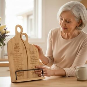 New Cookbook Stand Engraved Bamboo Gift Set Grandma Queen of Kitchen Wrapped